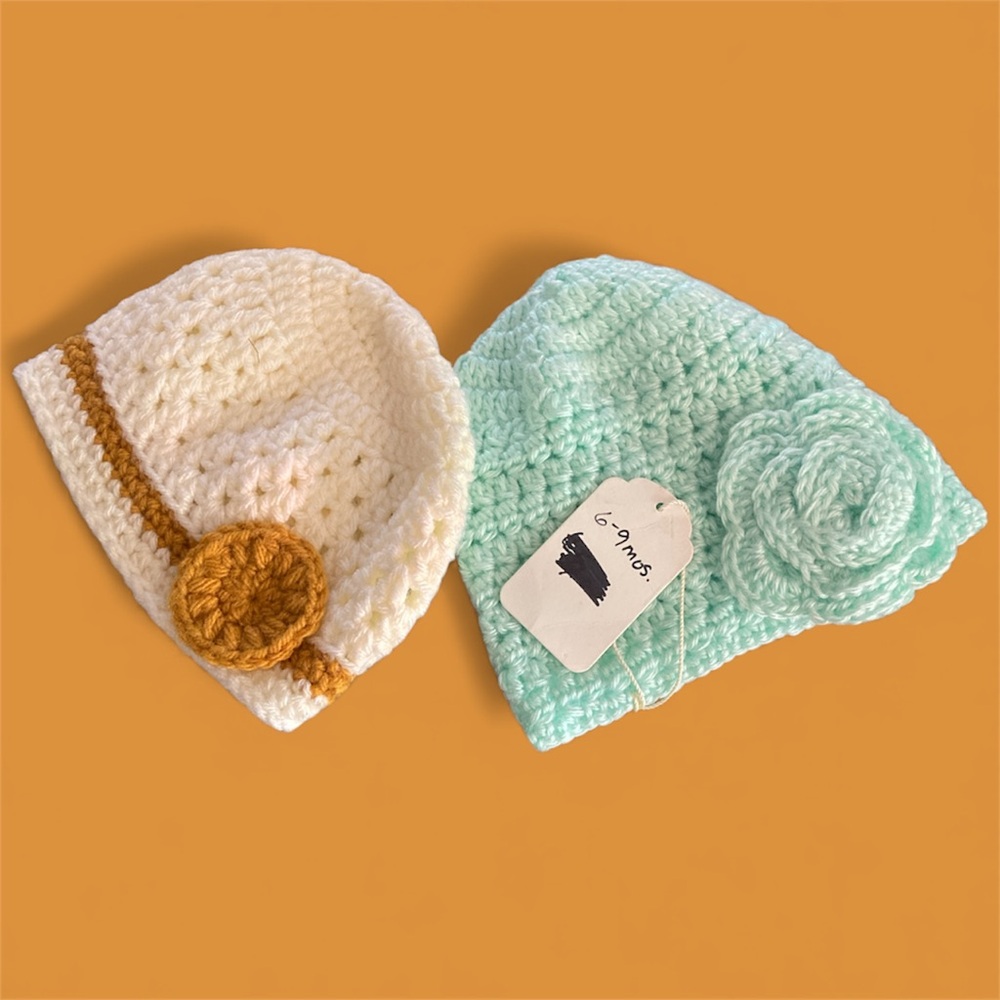 Homemade winter hat set for 6-9 months beautiful green and cream and brown